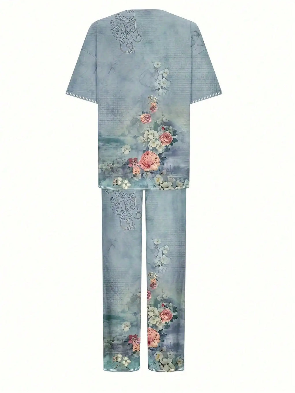 Ensemble 2 Pièces Femme Top Col Rond + Pantalon Imprimé Floral Vintage Stretch – CLEVI Paris