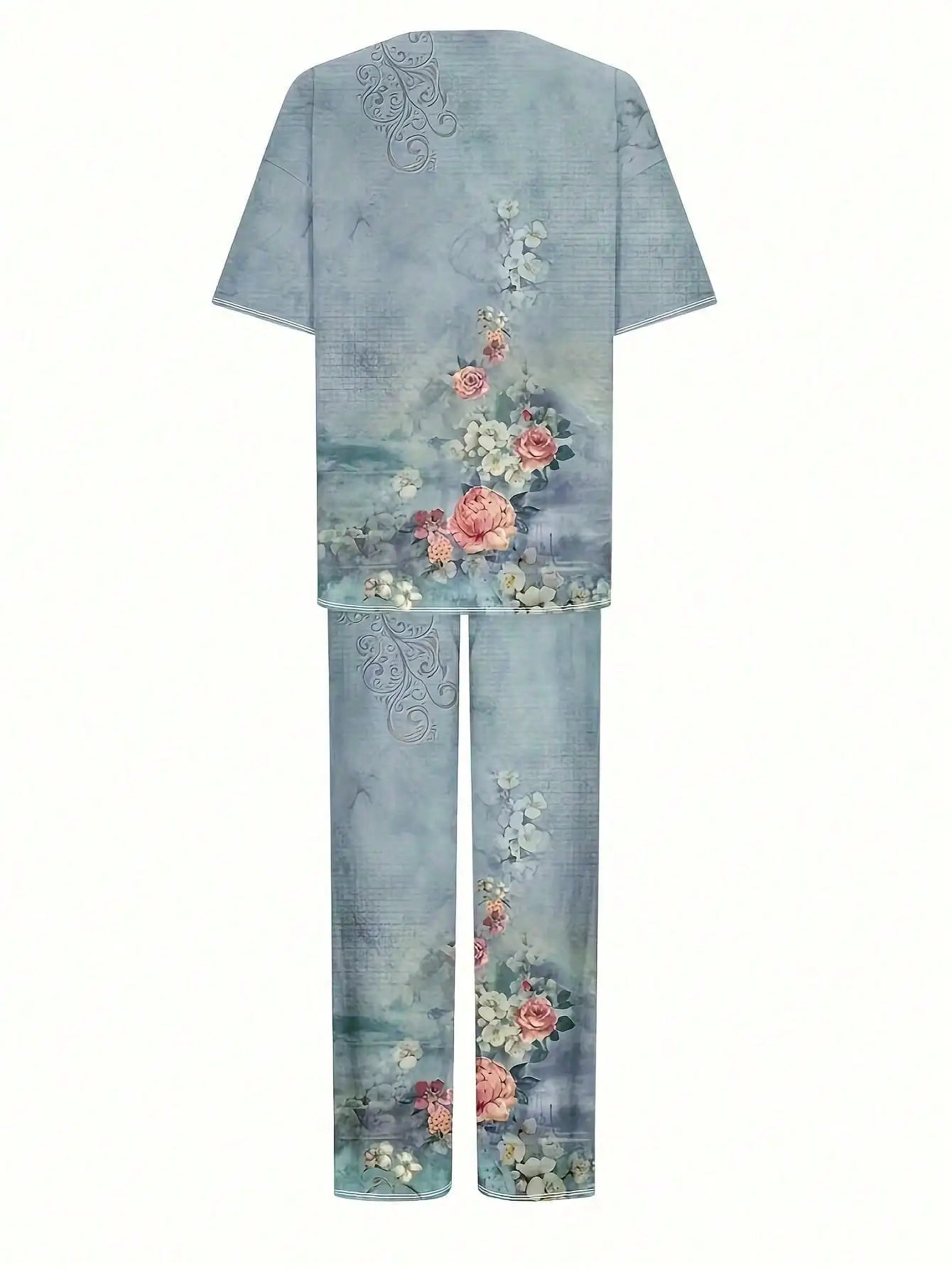 Ensemble 2 Pièces Femme Top Col Rond + Pantalon Imprimé Floral Vintage Stretch – CLEVI Paris