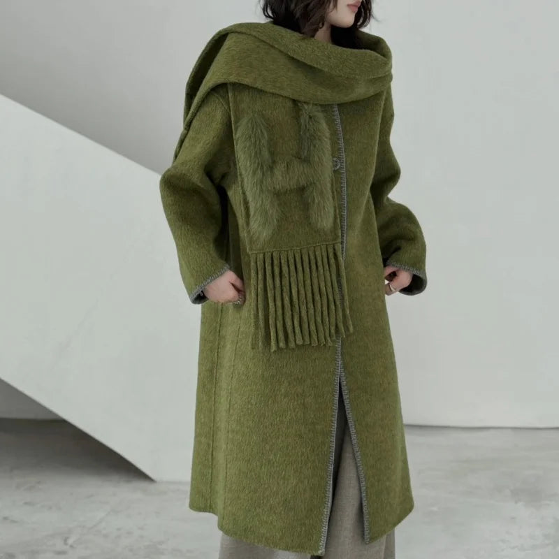 Manteau long en laine à col écharpe femme – CLEVI Paris