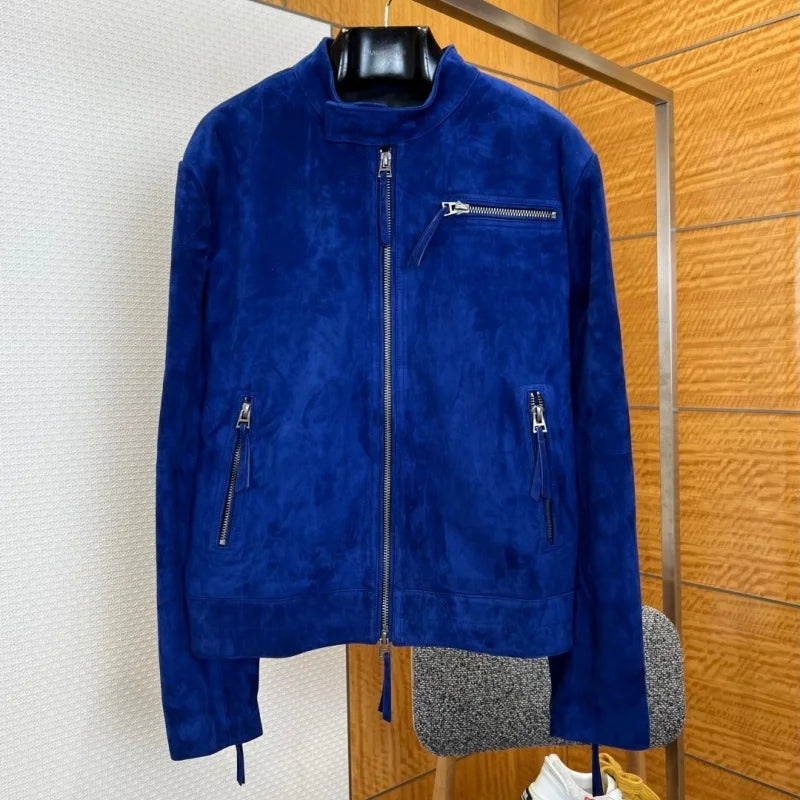 Blouson homme bleu aspect daim à col montant – CLEVI Paris