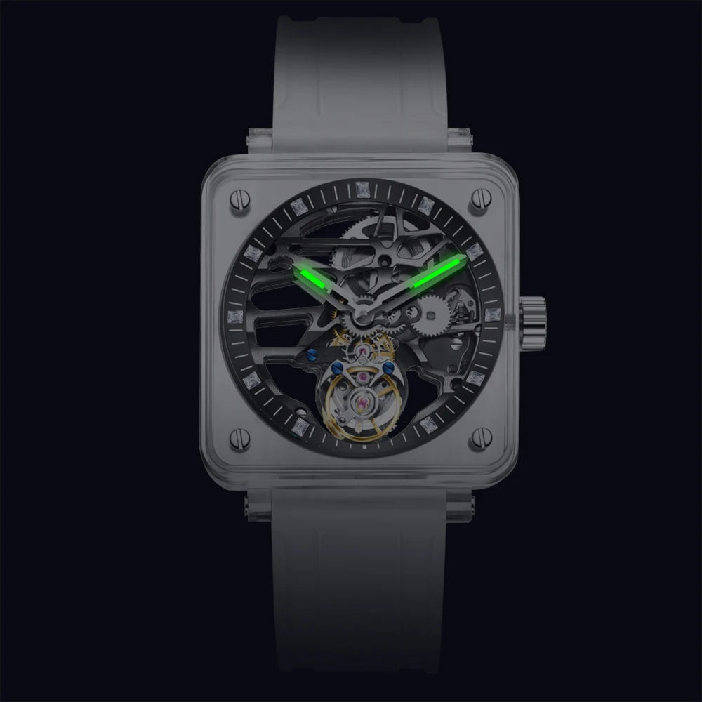 Montre Homme Tourbillon Transparent AESOP 7058G – Squelette Intégral Verre Saphir Étanche Bracelet Caoutchouc – CLEVI Paris