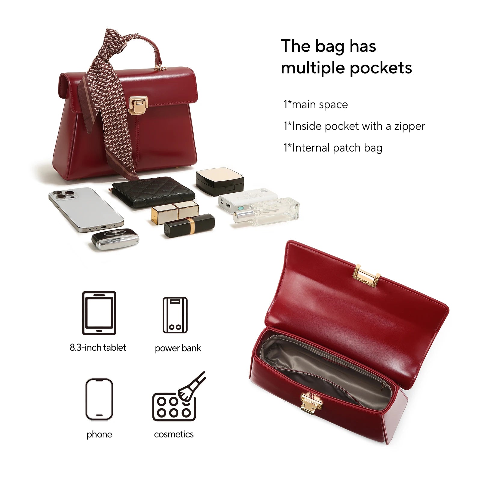 Sac à Main Femme Cuir Véritable avec Foulard Luxe Shoulder Bag 4 Coloris – CLEVI Paris