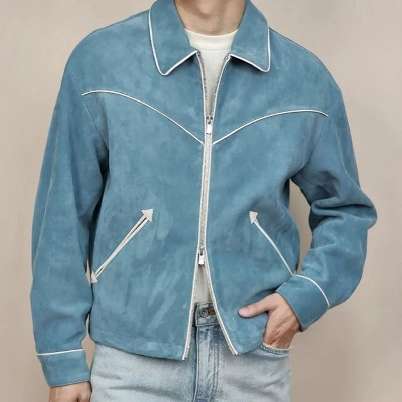 Blouson homme bleu aspect daim à liserés – CLEVI Paris