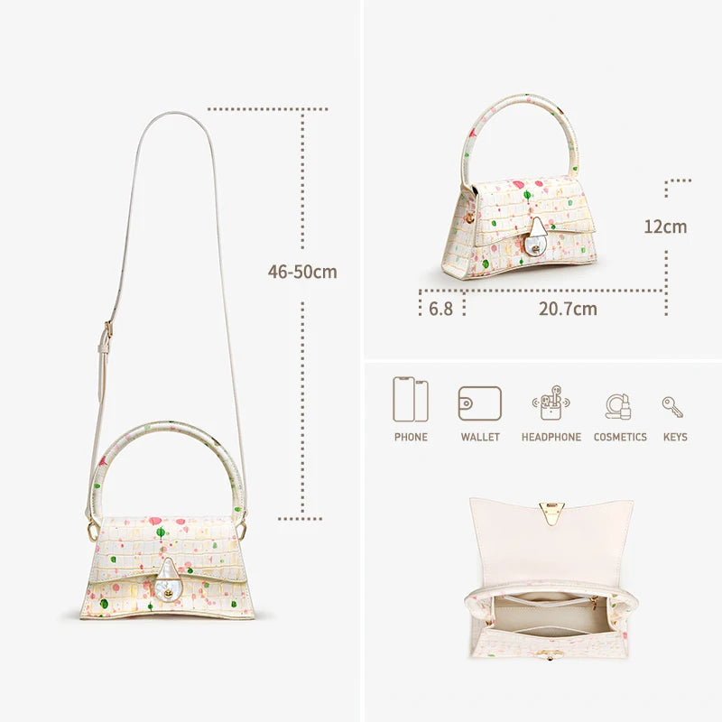 Sac à Main Femme Cuir Véritable Demi-Lune Motif Floral Fermeture Cadenas – CLEVI Paris