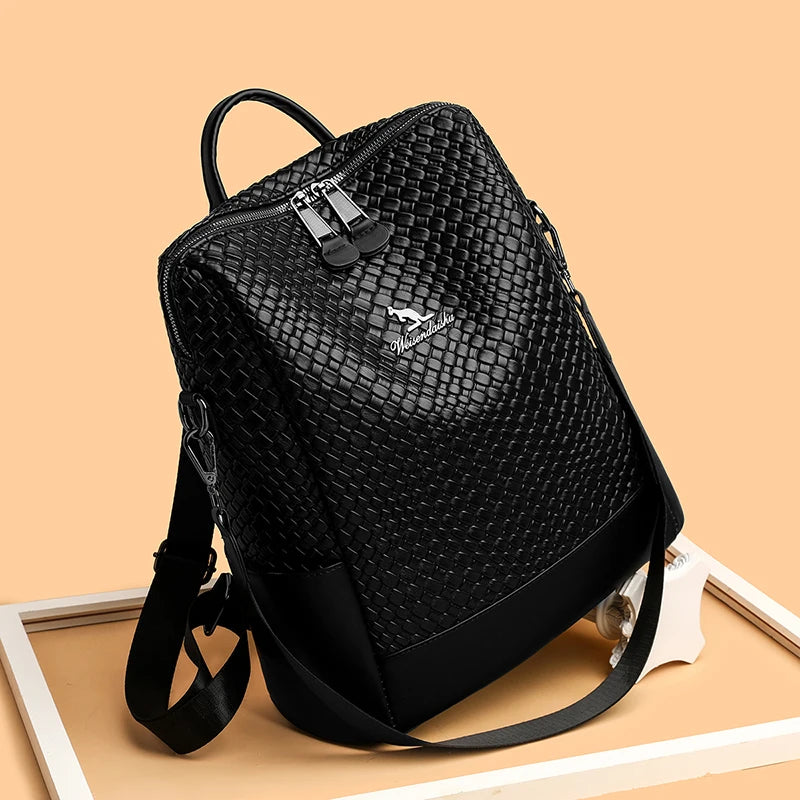 Sac à Dos PU Souple Femme Brodé Grande Capacité 32x14x34cm 740g Noir – CLEVI Paris