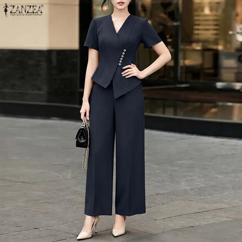 Ensemble 2 Pièces Femme Blouse Col V Manches Courtes Plissée + Pantalon Large Taille Mi-Haute Élastique OL Casual 3 Coloris – CLEVI Paris