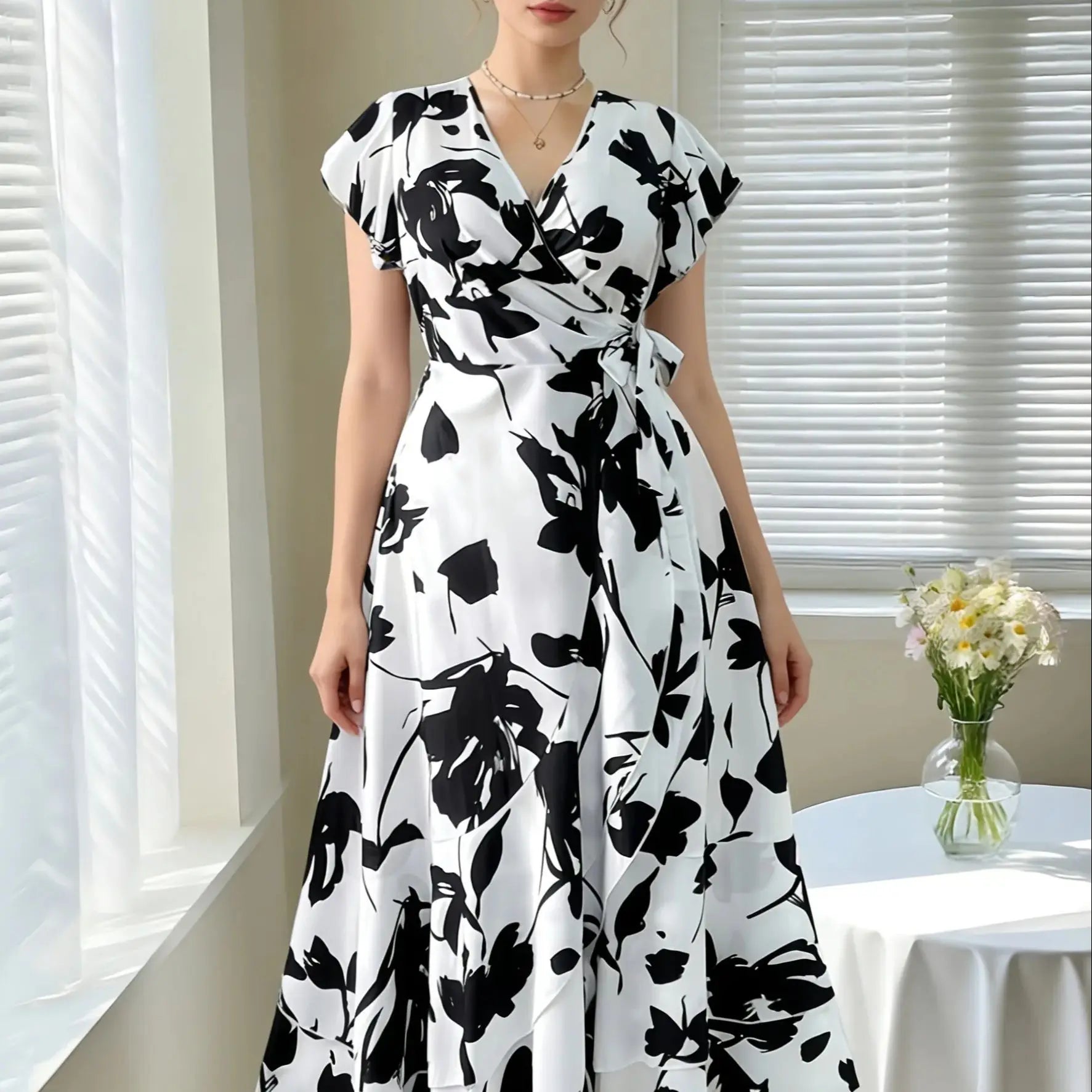 Robe Midi Portefeuille Grande Taille Femme Florale Noir & Blanc Col V Nœud – CLEVI Paris