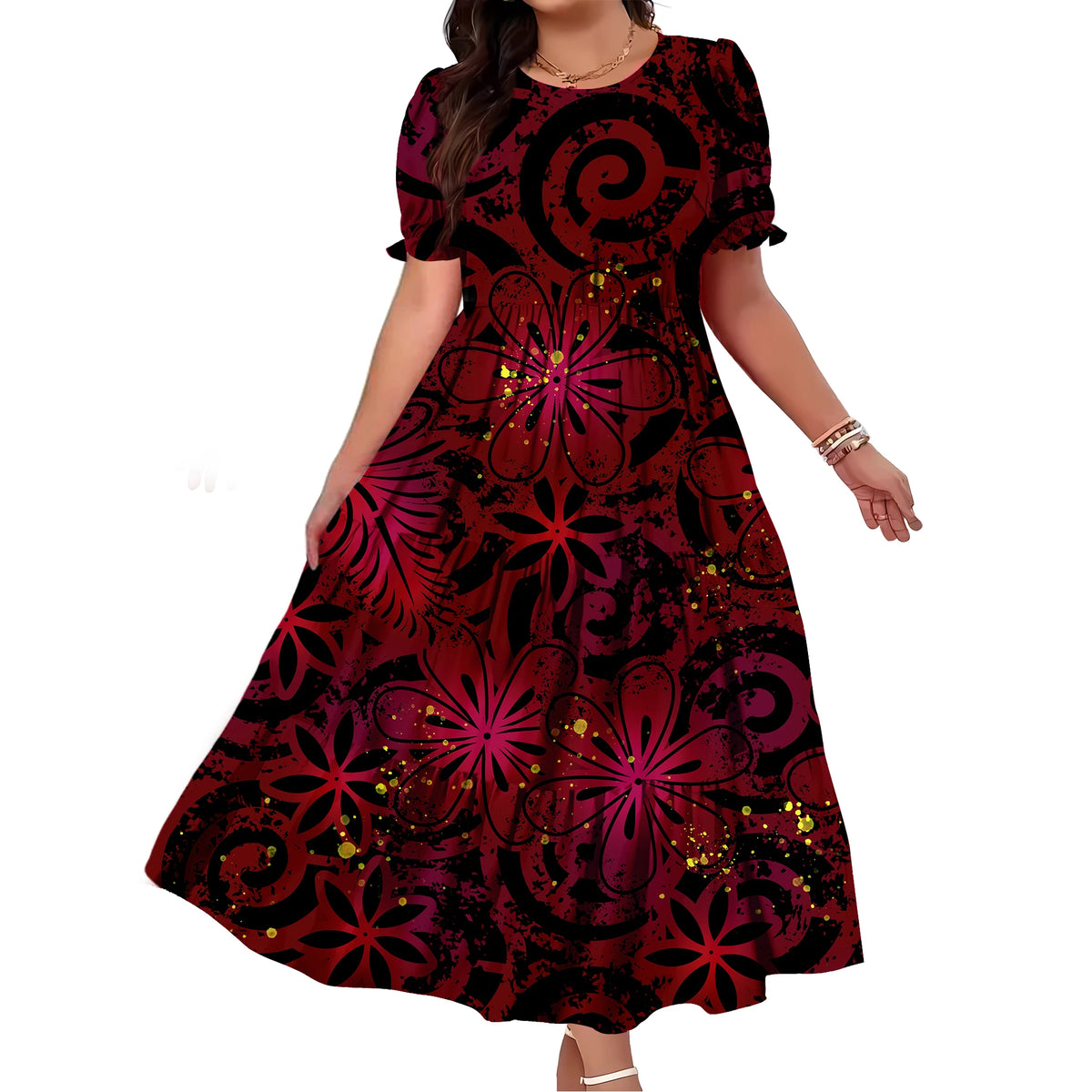 Robe Femme Longue Imprimé Polynésien Manches Bouffantes Ample Élégante – CLEVI Paris