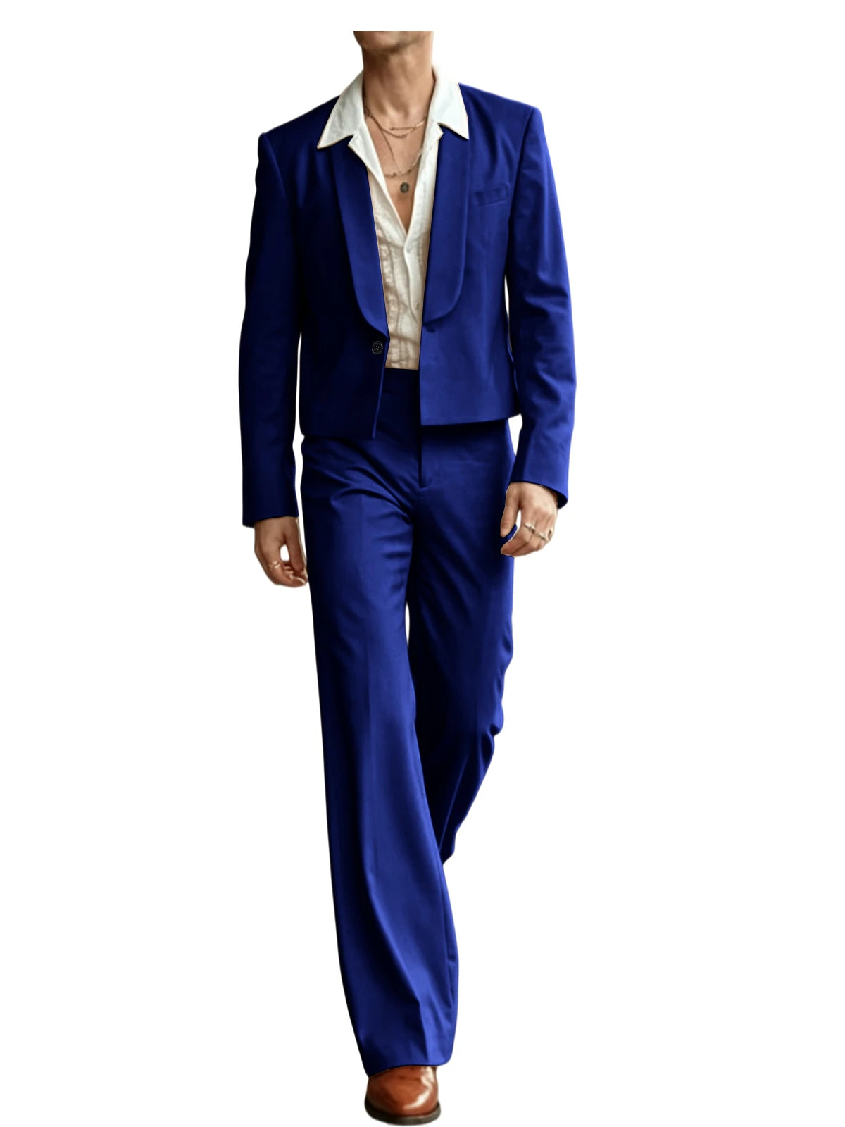 Costume 2 Pièces Homme Blazer Court Col Châle + Pantalon Évasé Taille Haute Style Vintage Slim Fit – CLEVI Paris