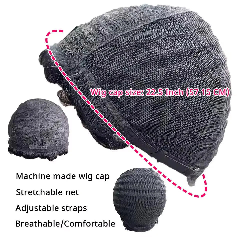 Perruque Pixie Cut 6 Pouces Loose Curly Avec Frange Dégradée Cheveux Humains Brésiliens Bonnet Rose Machine Made – CLEVI Paris