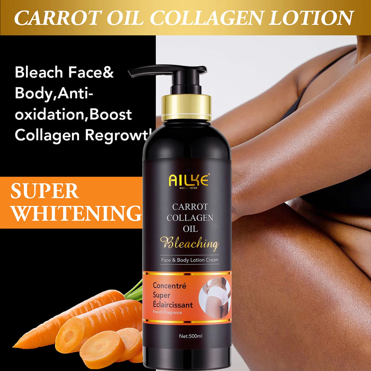 Lotion Corps Éclaircissante AILKE – Huile de Carotte, Collagène & Glutathion 500ml – CLEVI Paris
