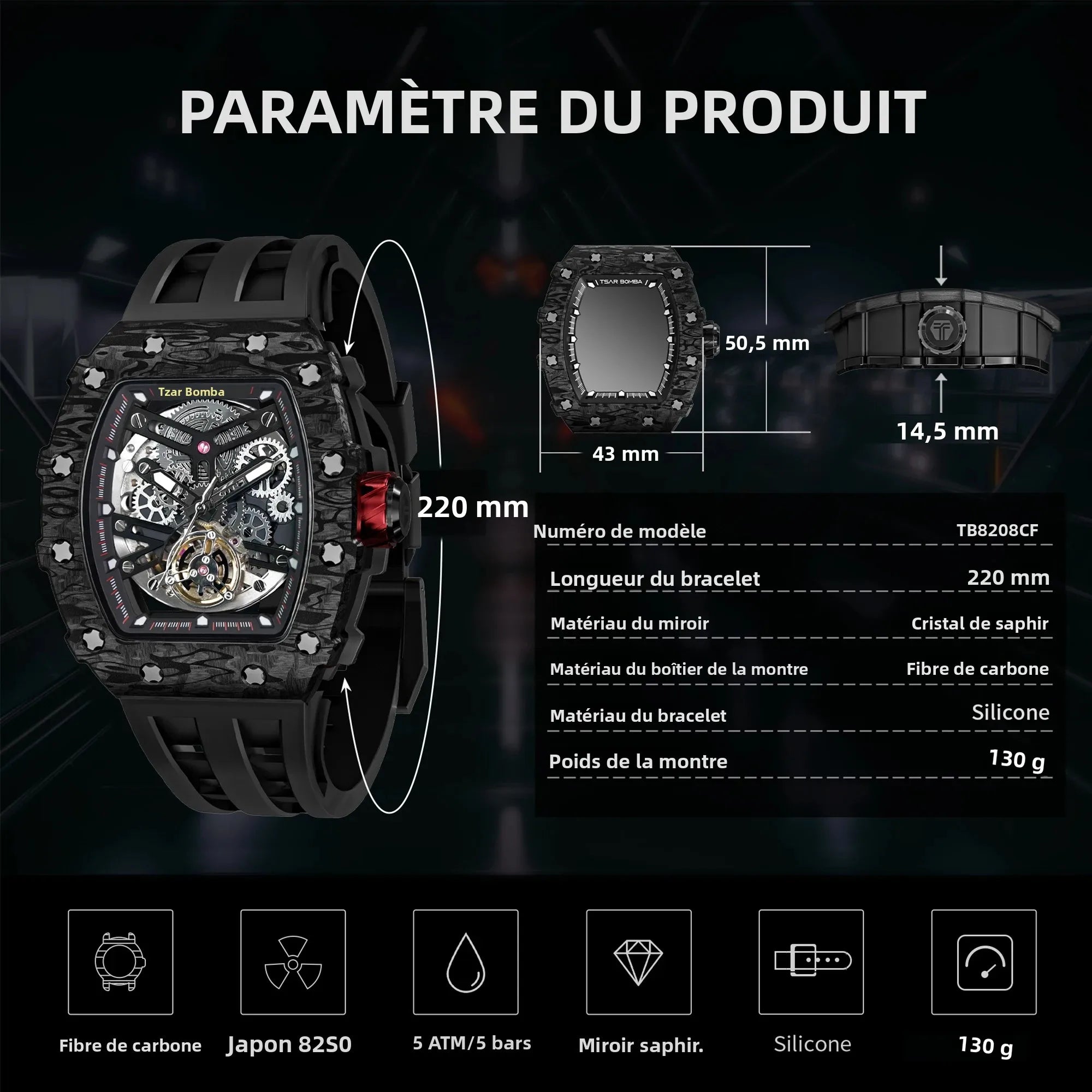 Montre Homme Automatique Squelette Tonneau Carbone Roue 7h Tsar Bomba TB8208CF – CLEVI Paris