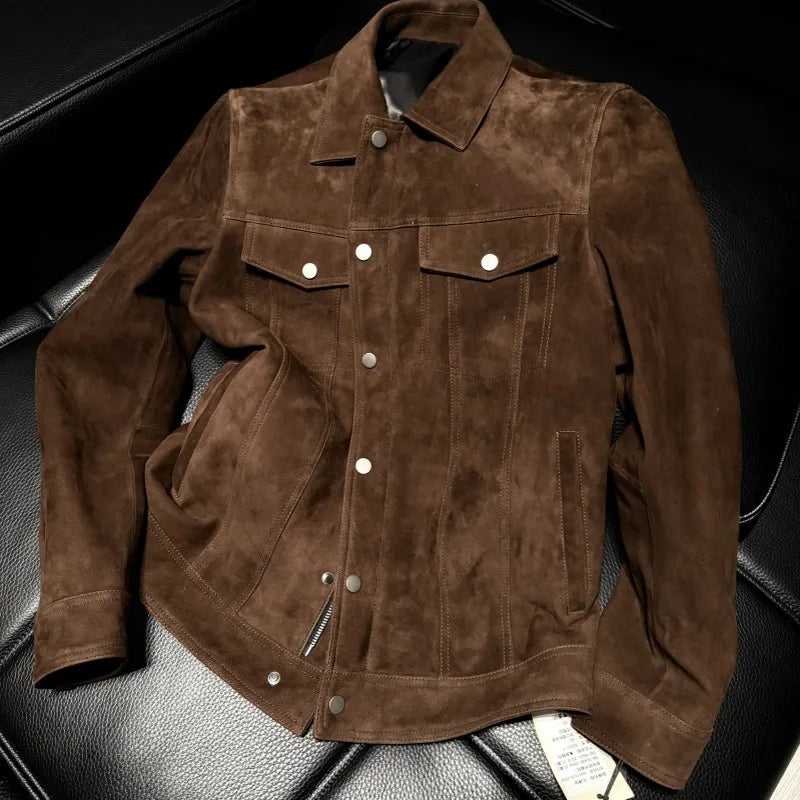 Veste homme marron aspect daim à col rabattu – CLEVI Paris