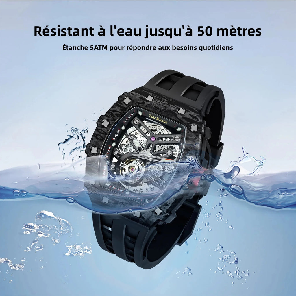 Montre Homme Automatique Squelette Tonneau Carbone Roue 7h Tsar Bomba TB8208CF – CLEVI Paris