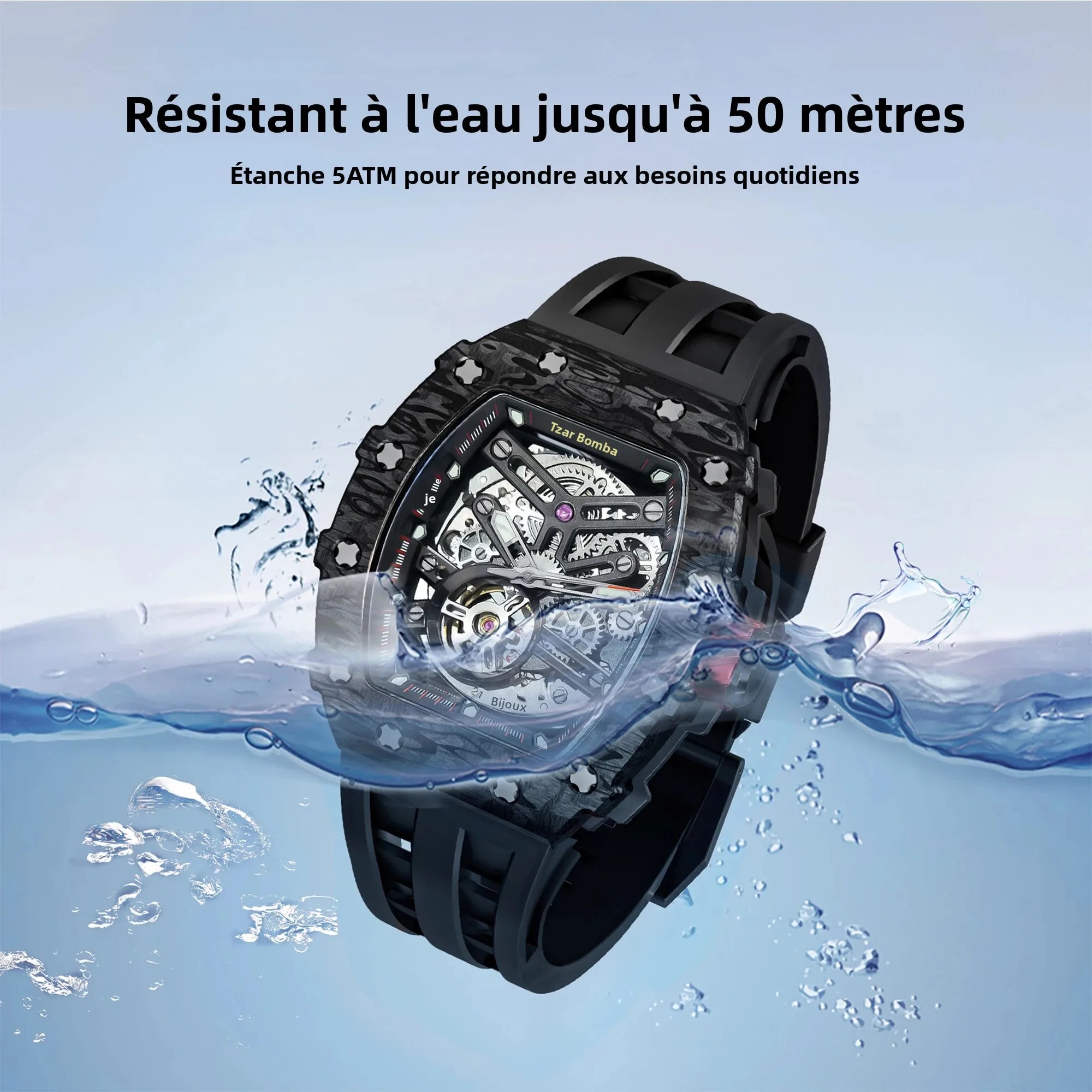 Montre Homme Automatique Squelette Tonneau Carbone Roue 7h Tsar Bomba TB8208CF – CLEVI Paris