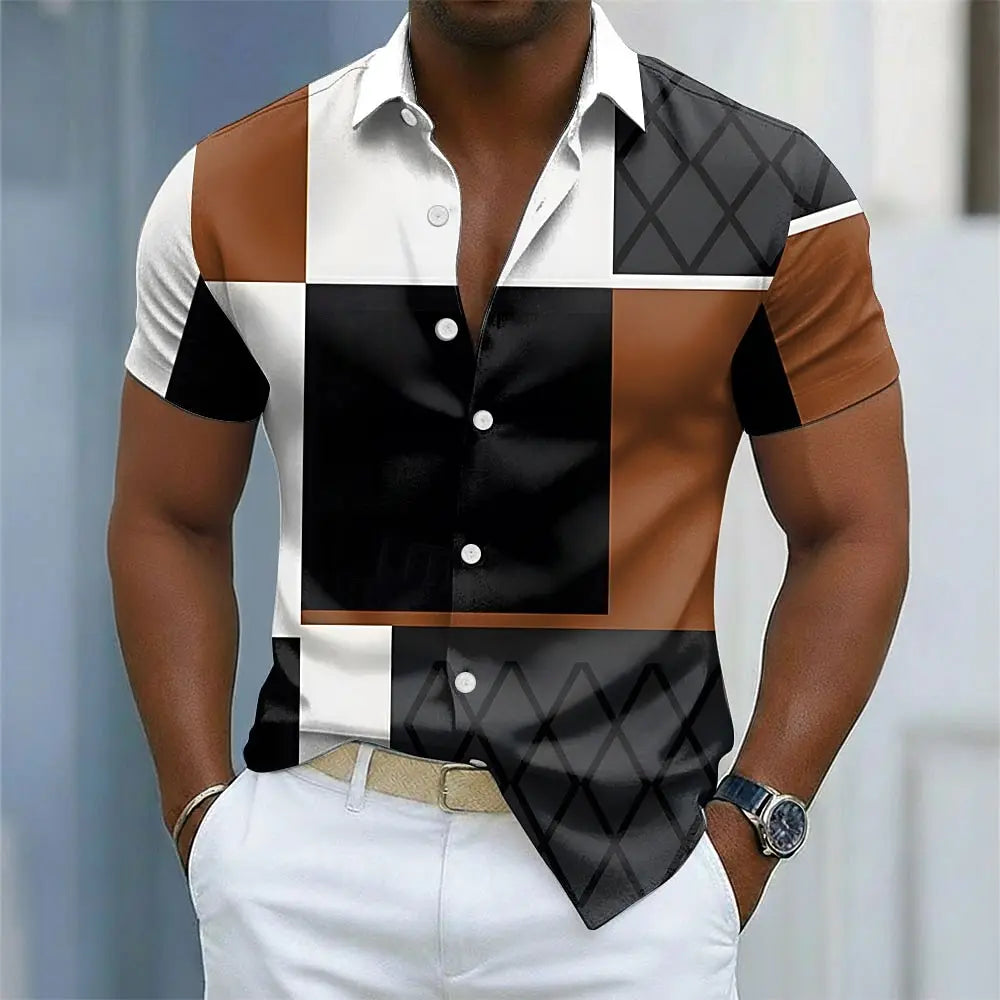 Chemise Homme Casual Manches Courtes Imprimé 3D Color Block Streetwear Été – CLEVI Paris