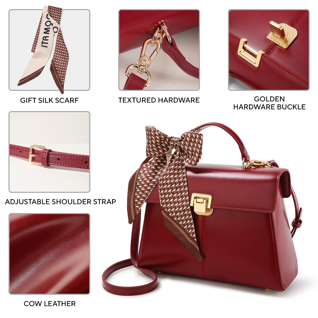 Sac à Main Femme Cuir Véritable avec Foulard Luxe Shoulder Bag 4 Coloris – CLEVI Paris