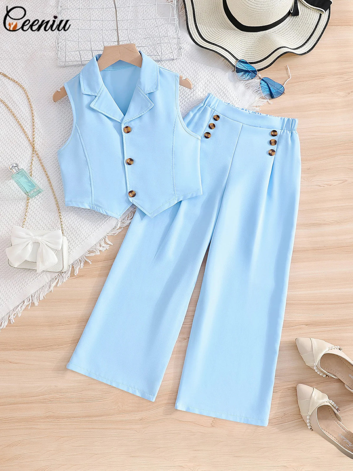 Ensemble fille gilet et pantalon bleu ciel – CLEVI Paris