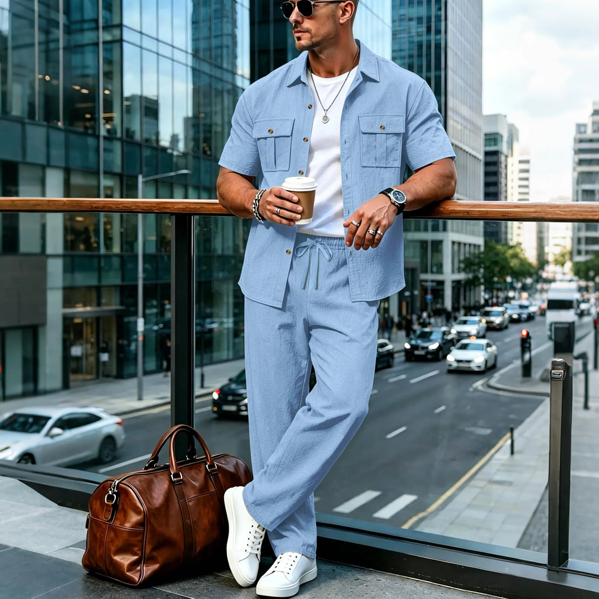 Ensemble Homme Chemise Lin Manches Courtes Double Poches + Pantalon Taille Élastique Style Safari Plage Été – CLEVI Paris