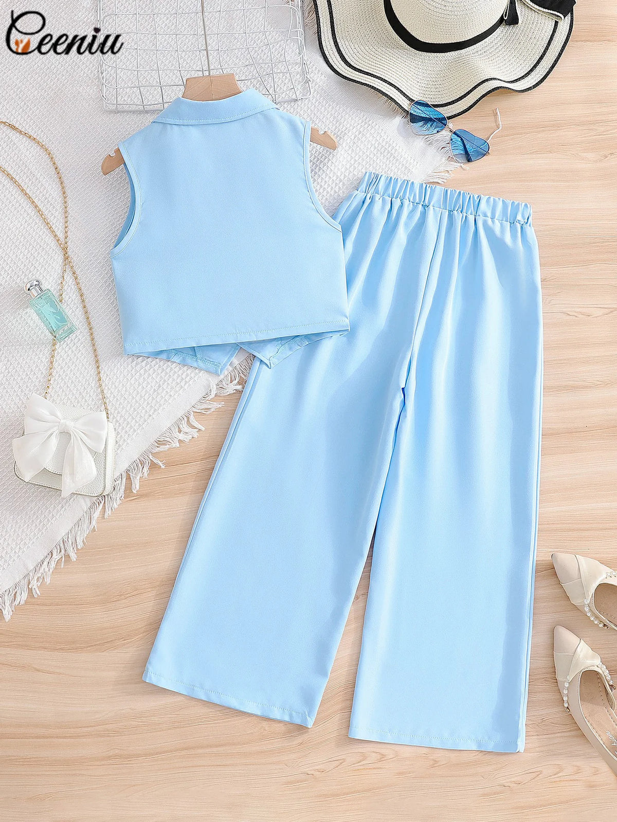 Ensemble fille gilet et pantalon bleu ciel – CLEVI Paris