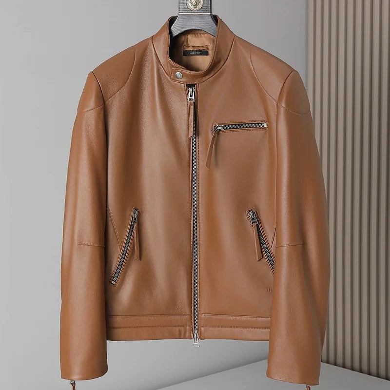 Blouson homme en cuir à col montant zippé – CLEVI Paris
