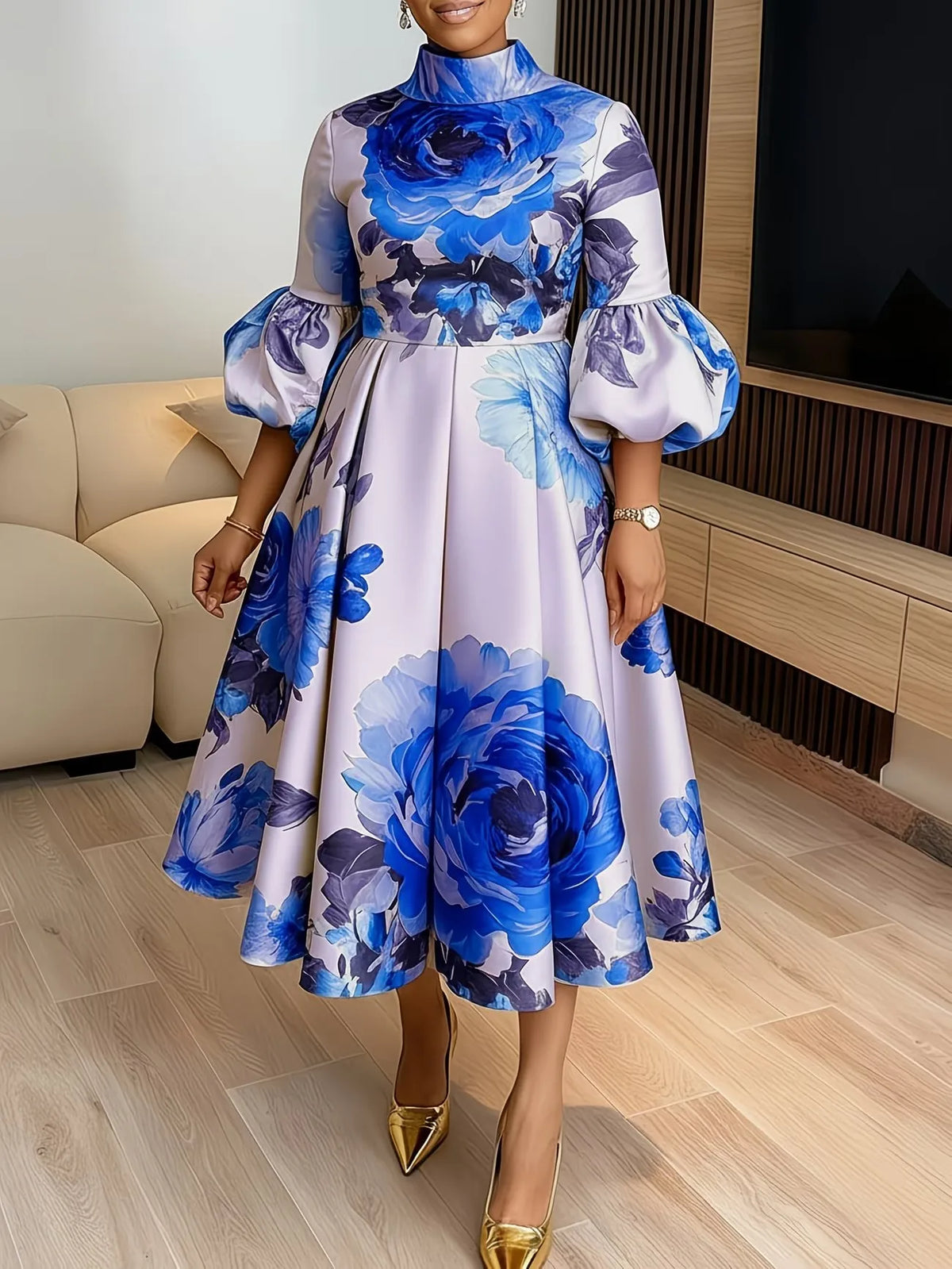 Robe Femme Grande Taille Col Montant Manches Lanterne A-line Mi-Mollet Casual – CLEVI Paris