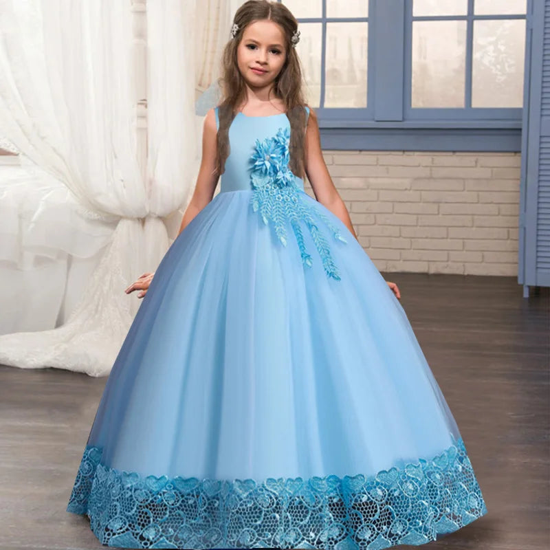 Robe longue fille à appliques florales – CLEVI Paris