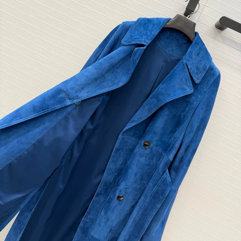 Manteau long femme bleu à ceinture – CLEVI Paris