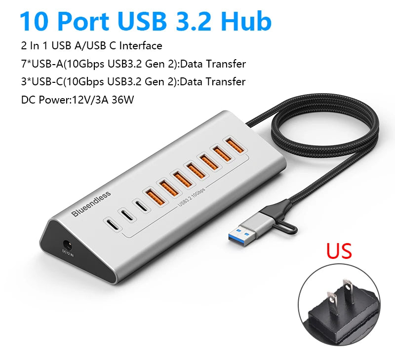 Hub USB-C Aluminium Blueendless 10Gbps 7 ou 10 Ports USB 3.2 Gen2 – CLEVI Paris