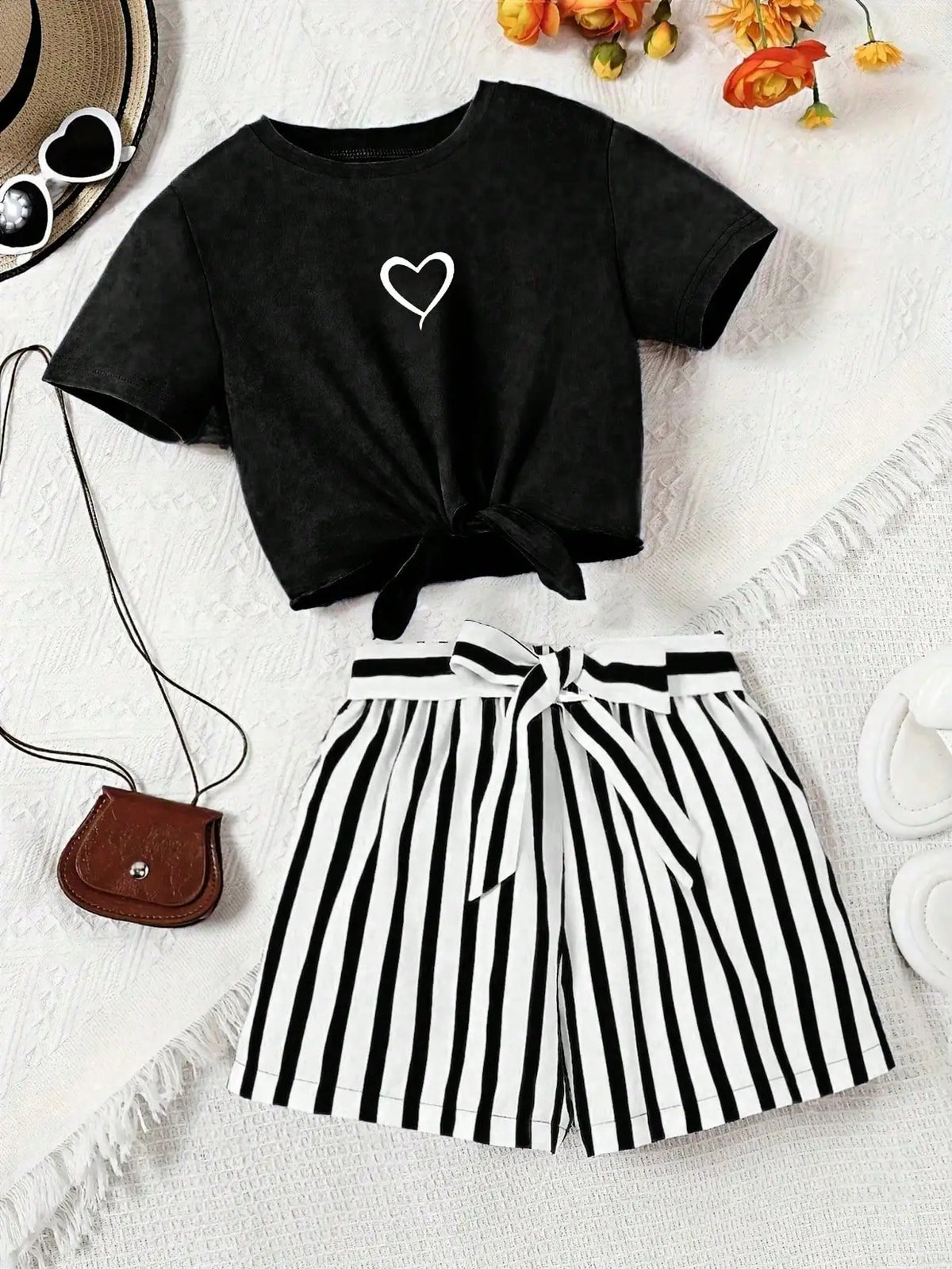 Ensemble fille t-shirt cœur et short rayé – CLEVI Paris