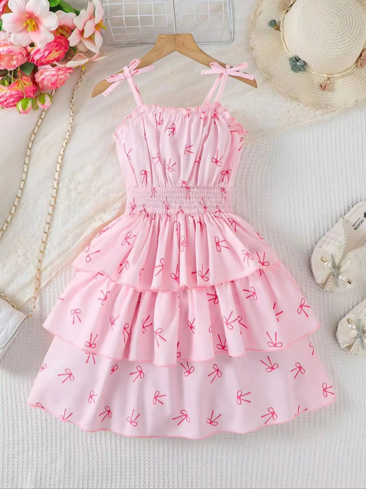 Robe fille rose à motif nœud papillon – CLEVI Paris
