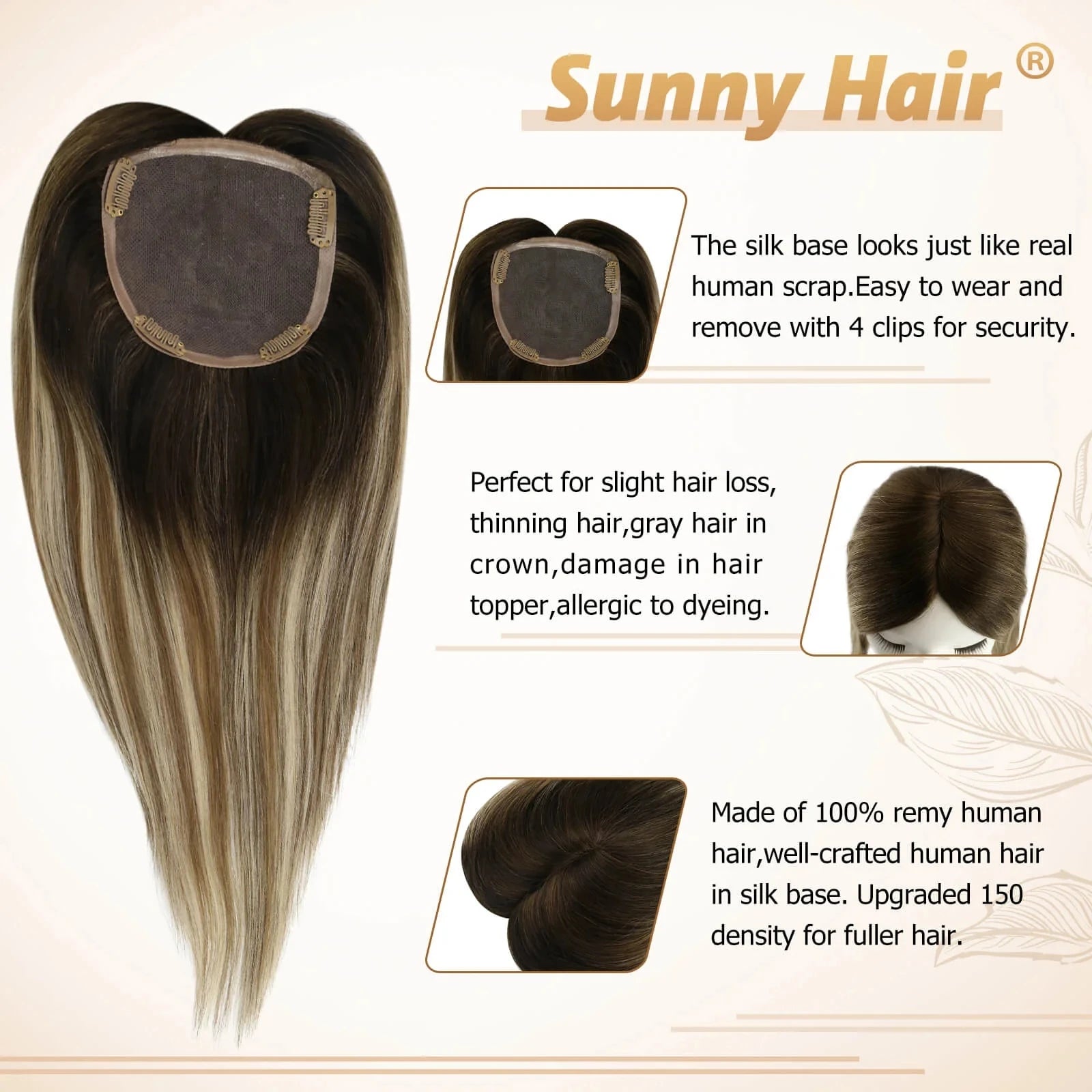 Topper Capillaire 100% Cheveux Humains Remy – Base Mono 13x13cm avec 4 Clips – CLEVI Paris