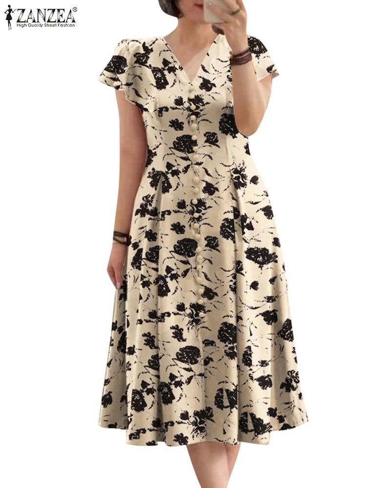 Robe Femme Col V Imprimé Floral Manches Papillon Taille Cintrée A-line Mi-Mollet – CLEVI Paris