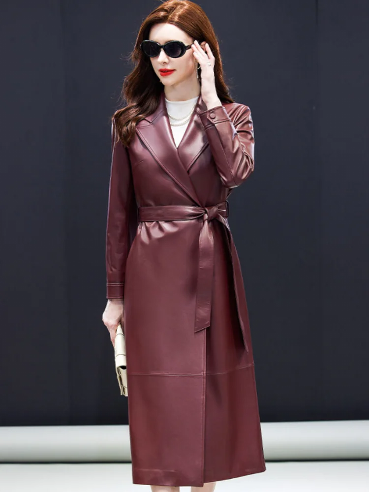 Trench long femme cuir de mouton ceinturé – CLEVI Paris