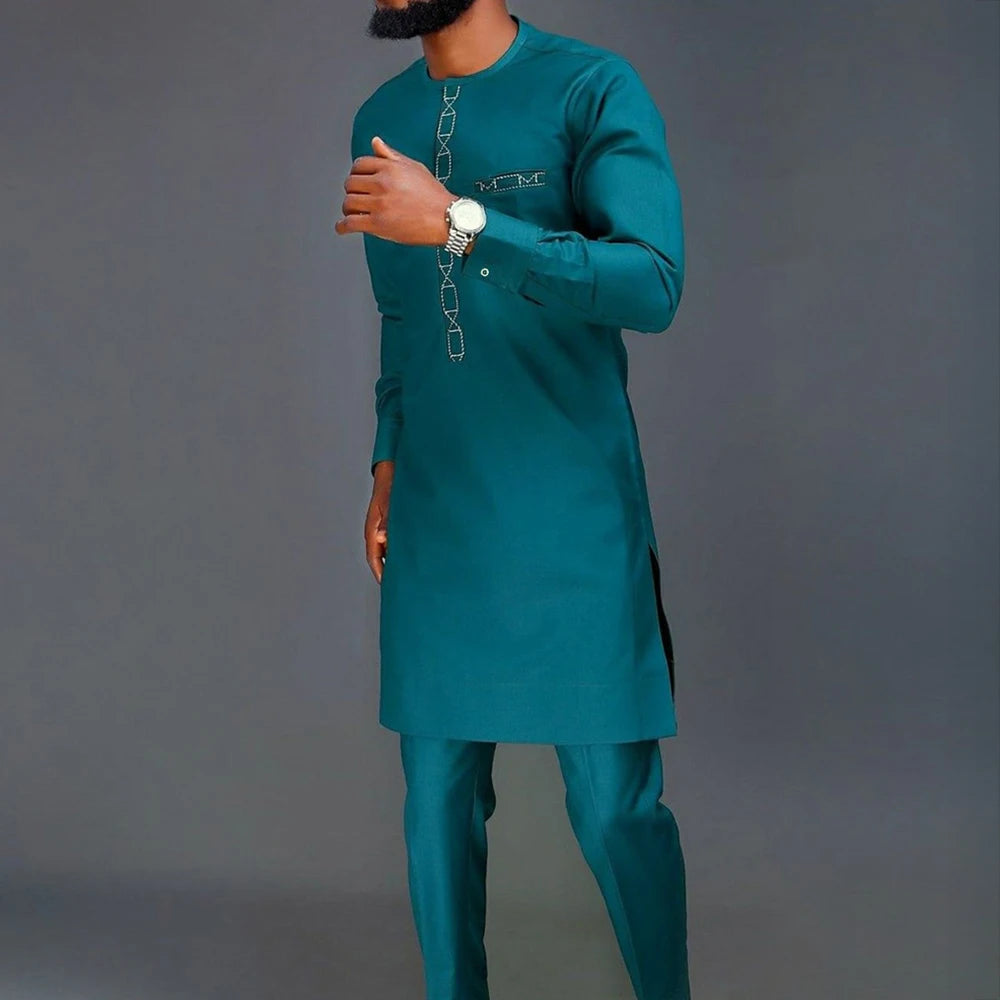 Ensemble 2 Pièces Homme Style Africain Chemise Manches Longues Col Rond + Pantalon Cordon Élégant XS-XXL – CLEVI Paris