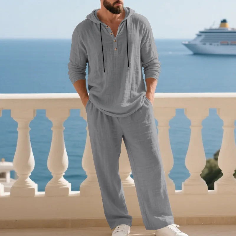 Ensemble Homme Chemise Henley Lin À Capuche Manches Longues + Pantalon Casual Voyage Printemps Automne – CLEVI Paris