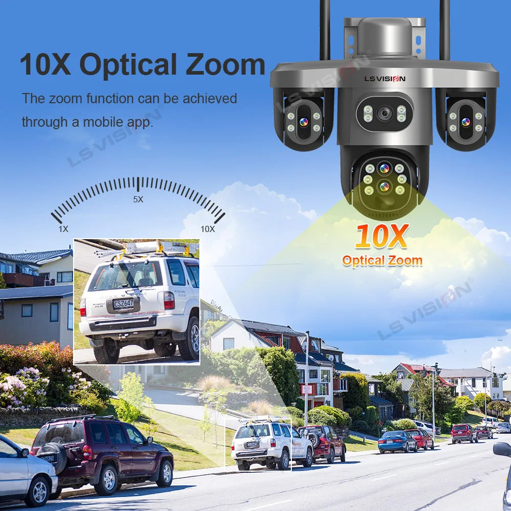 Caméra Solaire LS VISION 20MP 4 Objectifs 3 Écrans PTZ Zoom 10x 4G/Wi-Fi IP66 V380 Pro – CLEVI Paris