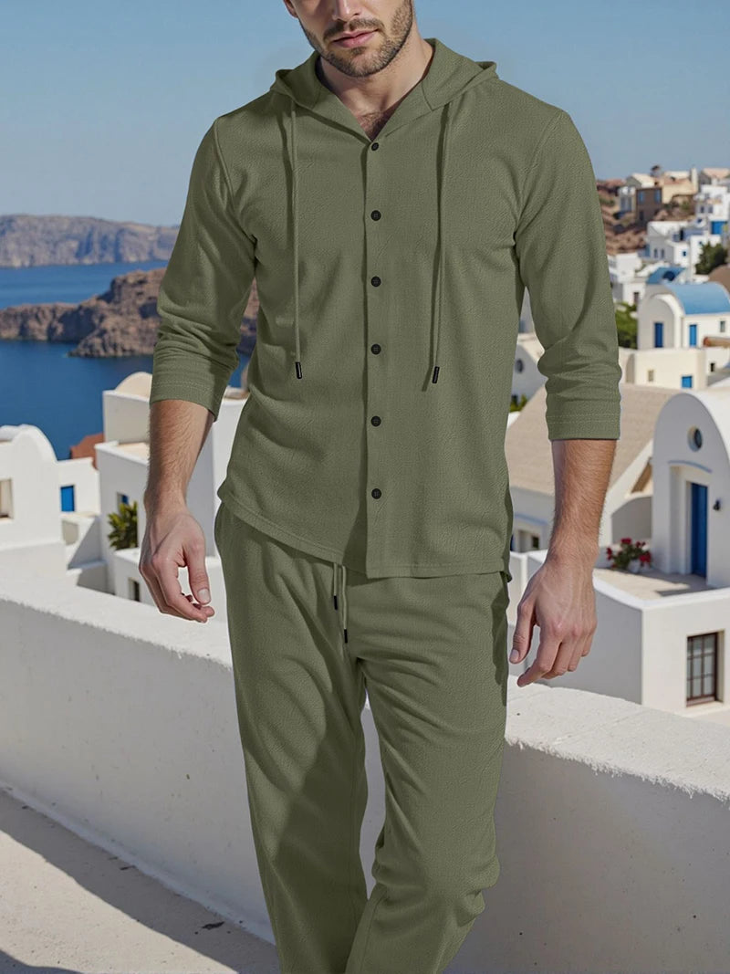 Ensemble Homme Chemise Lin À Capuche Manches Longues + Pantalon Cordon Casual Streetwear Voyage – CLEVI Paris