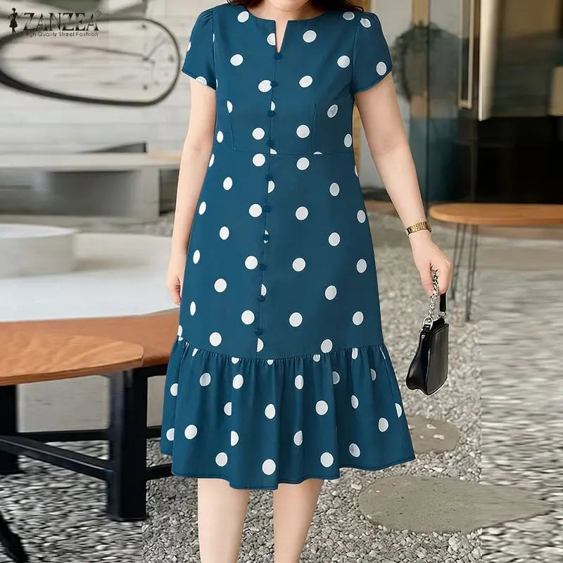 Robe Femme Col V Imprimé Pois Manches Courtes Mi-Mollet Élégante – CLEVI Paris