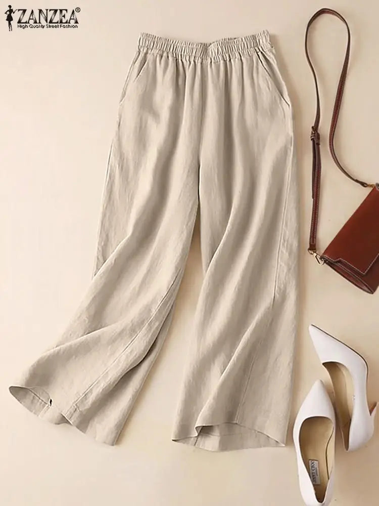 Pantalon Large Femme Coton Lin Taille Élastique – CLEVI Paris