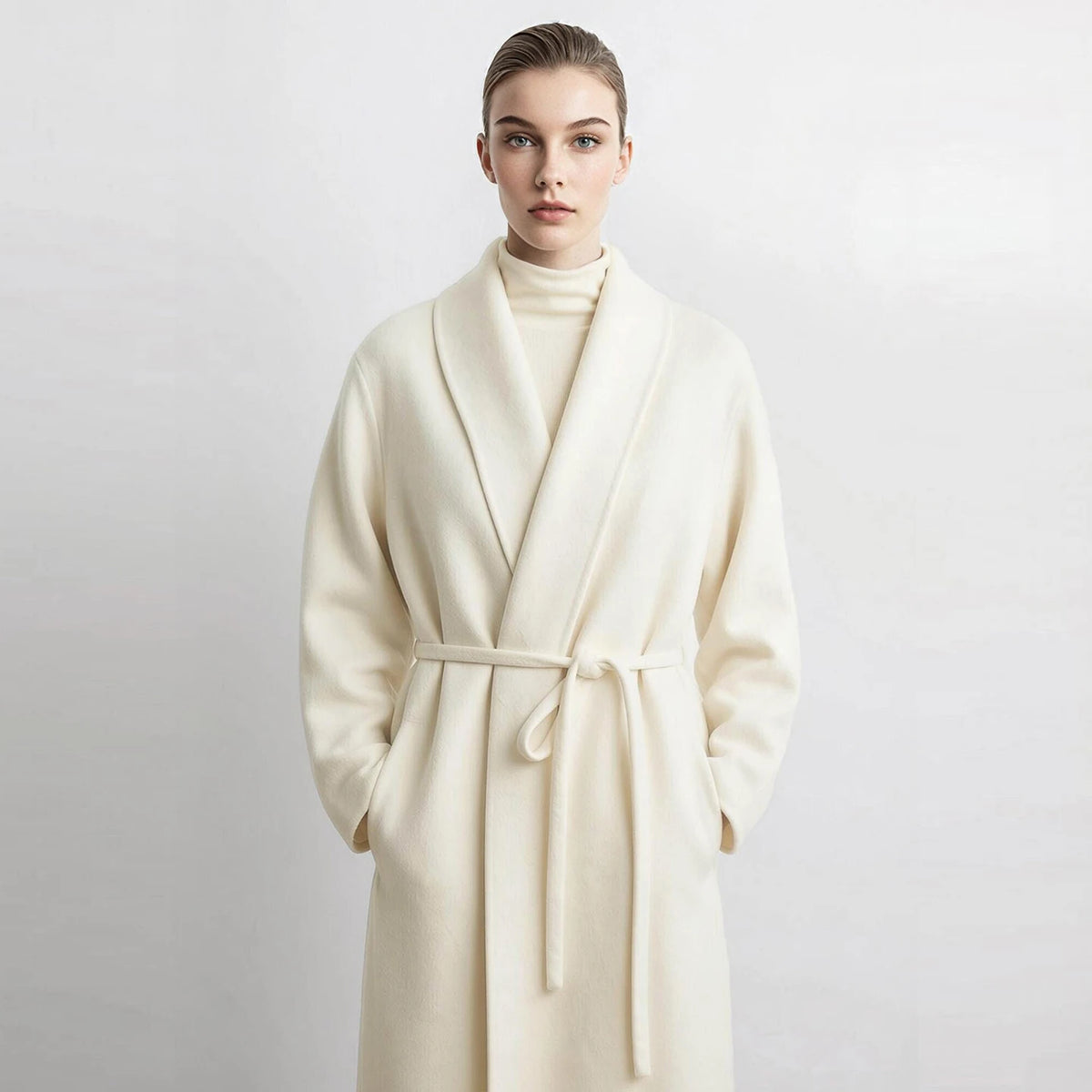 Manteau long AMII en laine et alpaga ceinturé – CLEVI Paris