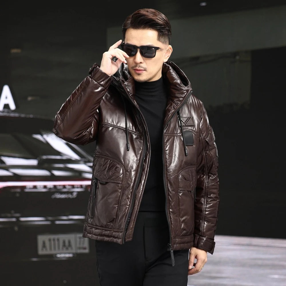Veste homme marron en cuir de mouton à capuche – CLEVI Paris