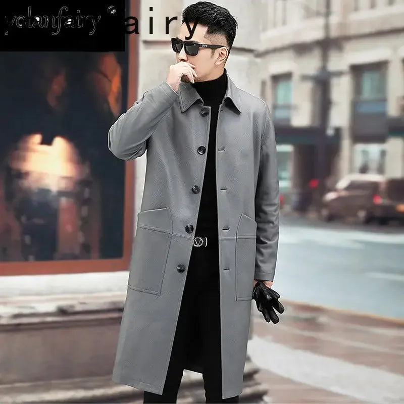 Manteau long homme en cuir de mouton gris – CLEVI Paris