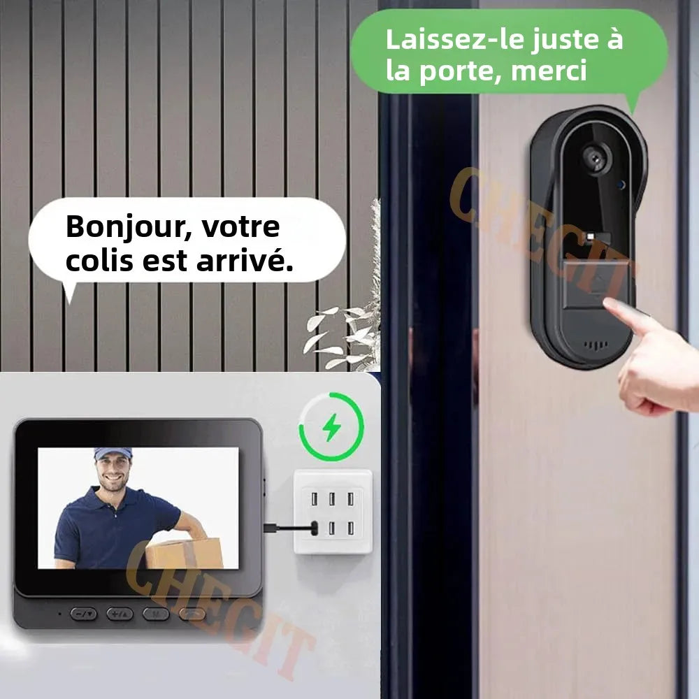 Sonnette Vidéo Sans Fil IP65 1080P – Écran 4,3" IPS Vision Nocturne IR Angle 170° Batterie 3-4 Mois – CLEVI Paris