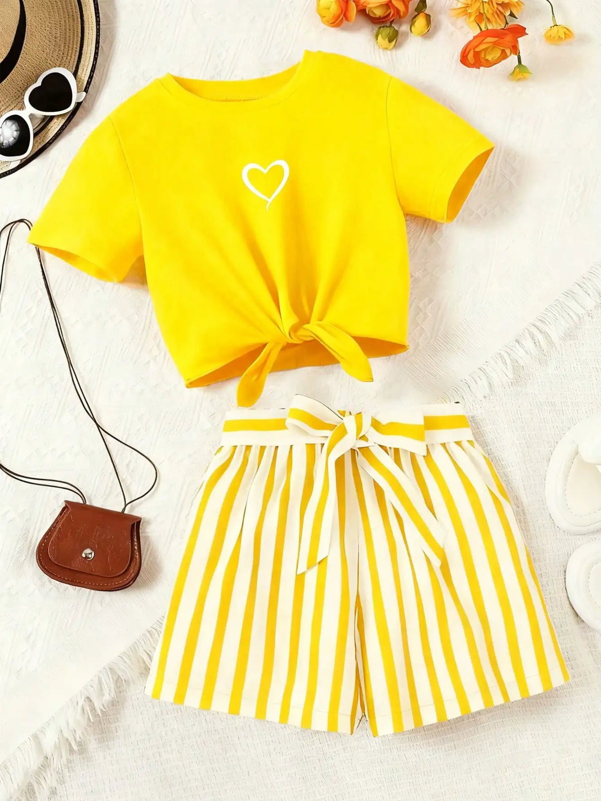 Ensemble fille t-shirt cœur et short rayé – CLEVI Paris
