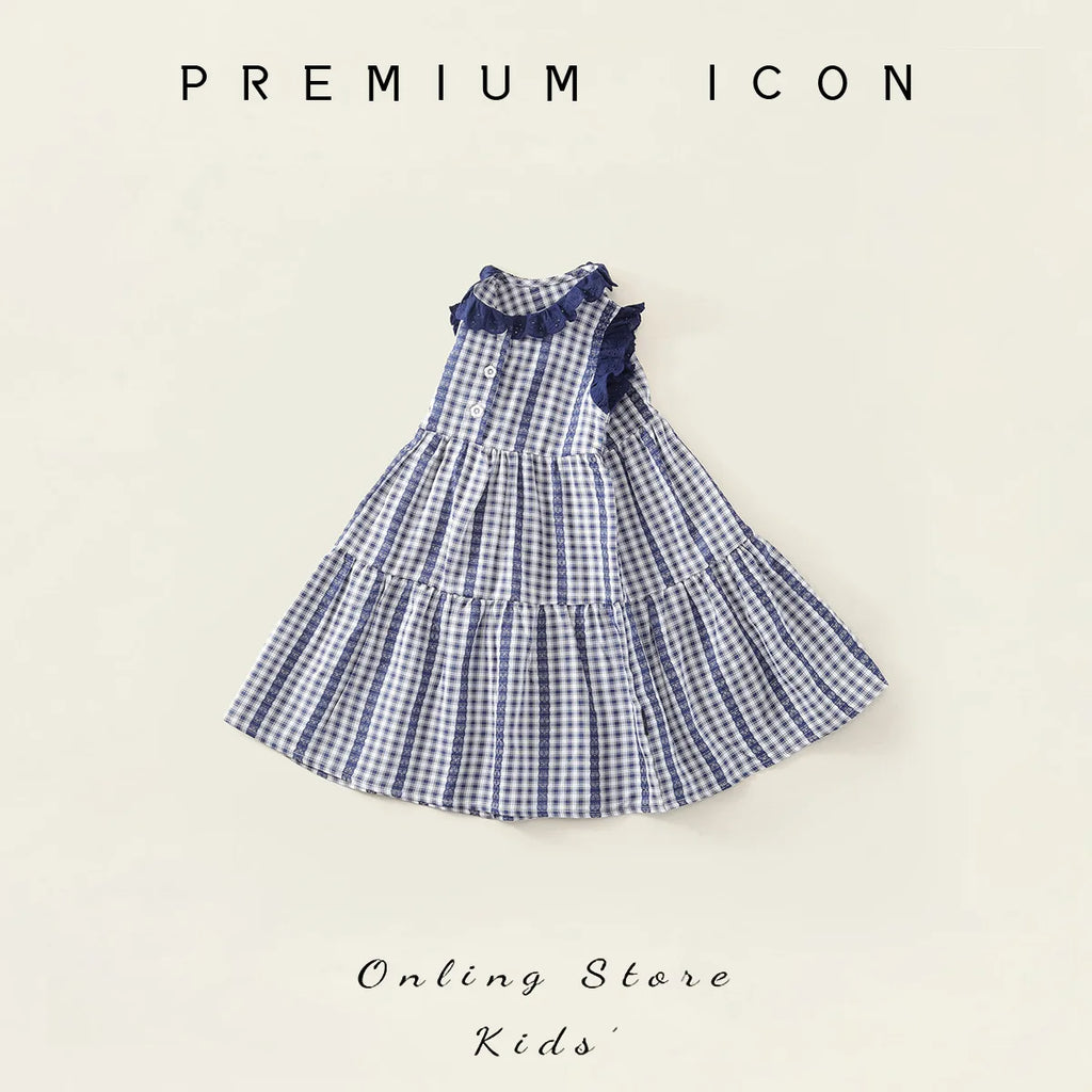 Robe fille bleue à carreaux en coton – CLEVI Paris