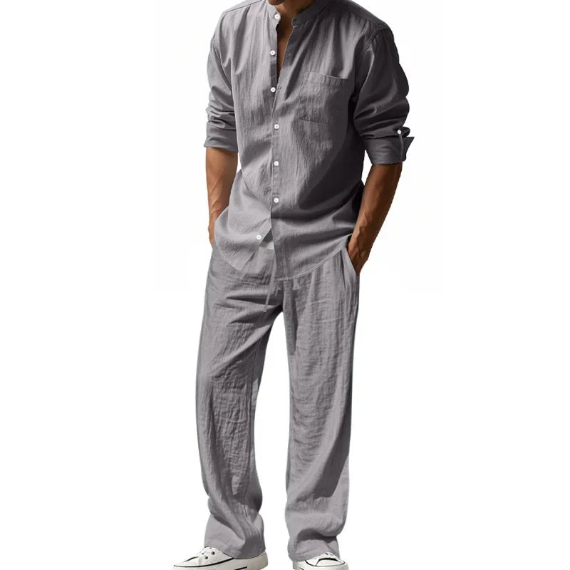 Ensemble 2 Pièces Homme Lin Chemise Manches Longues + Pantalon Style Casual Américain 4 Saisons – CLEVI Paris