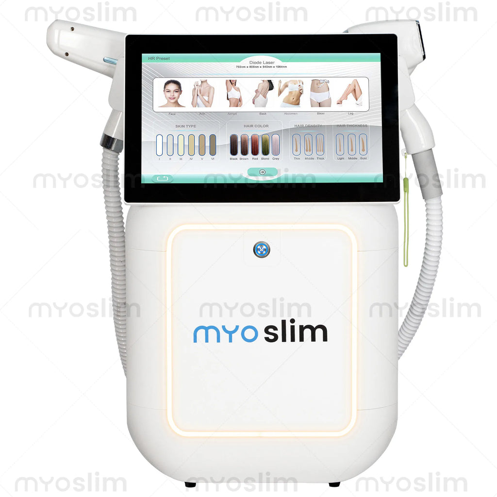 Machine 2-en-1 MYOSLIM Laser Diode FAC 755/808/940/1064nm + Picoseconde Épilation Détatouage 10/16 Barres – CLEVI Paris
