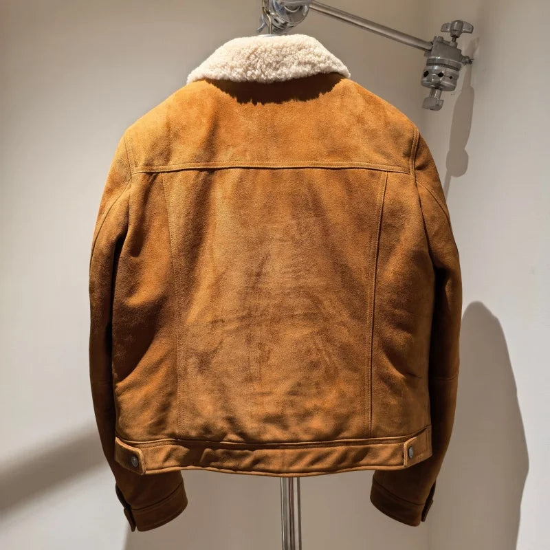 Veste homme en cuir marron à col bouclé – CLEVI Paris