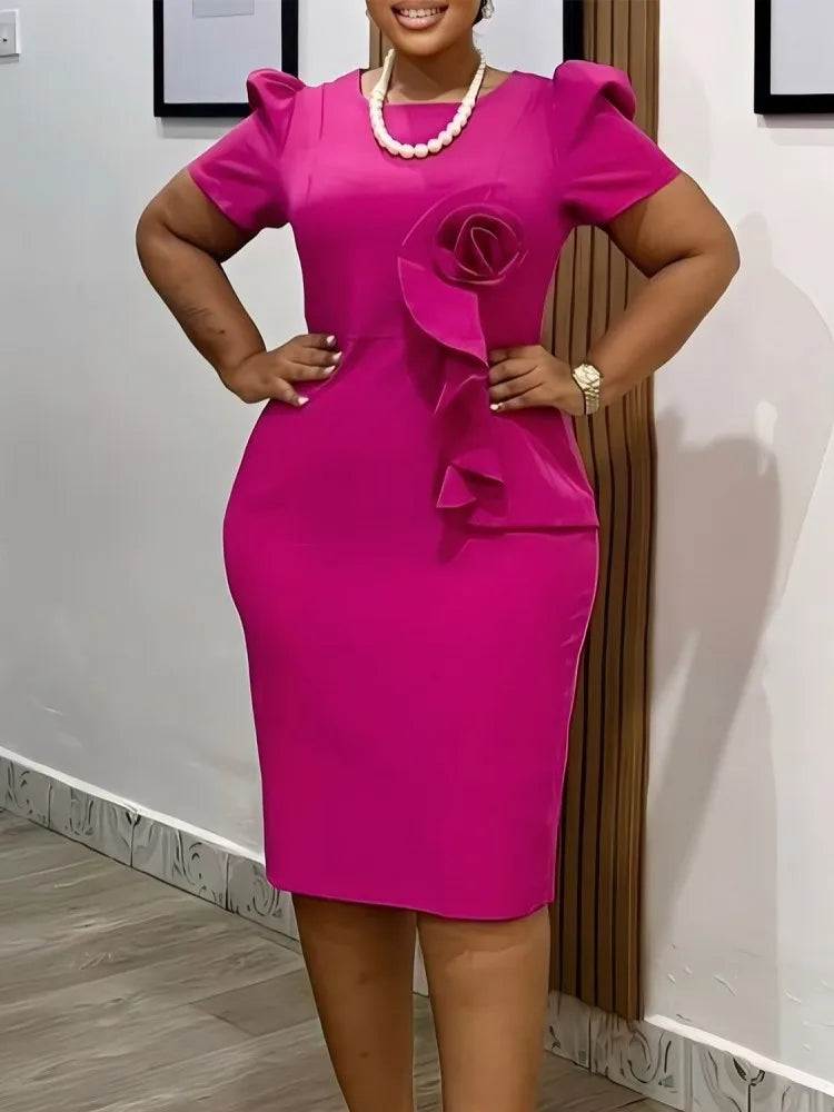 Robe Femme Grande Taille Manches Courtes Crayon Mi-Mollet Décor Floral Bureau – CLEVI Paris